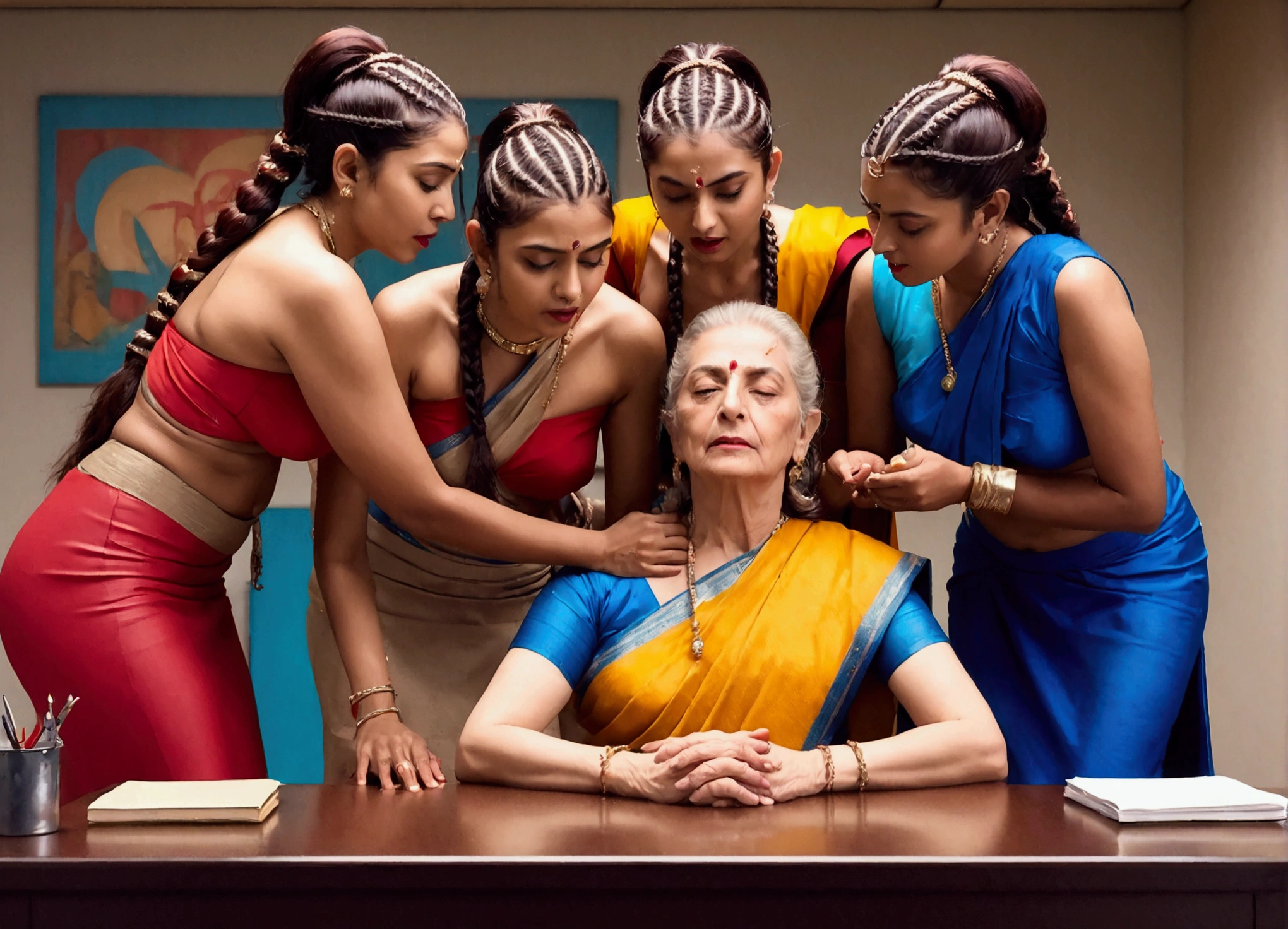 (Best Quality),(High resolution),(8k), (Masterpiece),(Immersive office atmosphere), (chiaroscuro:(1.5,bright light:1.2,luminous lighting)),(background blur:1.5),bluring,(fuji color:1.5),(film grain),{{{Full frame office}},{{Full Bodies}}},in indian modern light flooded room,three middle eldery ladies in full nude wearing office raping their eldery full nude indian boss with thier wild open tongues and licking her hair scalp and fingering vaginas,sagging-hanging breasts, keeping cornrow,cornrow,cornrow braided hairs totaly wet and styled with using extreme and exteme ultimate super exessive amount of hairgel+hair oil,{cornrow,cornrow,cornrow braided hairs like gel+oil drenched super supreme pulp,Shining like mirrors},{Their bodies are smeared with lots of oil},{{{Full Nude}}},{{{Background changed to UHD oluxery CEO room with High class acceseries}}},{{{{Ladies in the image prompt should be eldery,make them as eldery indian ladies in age 65 with all the eldery features}}}}},{{{{Make them topless}}}},{{{{Breast esposed}}}}},{{{Ladies poses exacly as per the image prompt in topless, breast exposed,make the breast sagging-hanging as much as possible in realisctic eldery}}}},{{{{{Hairs exactly as per the image prompt making them highly ultra drenched with gallons of hair oil and shinning like mirrors}}}},{{{Ladies tongues out and keep licking hesd scalps as per the image prompt in more realistic way}}}},