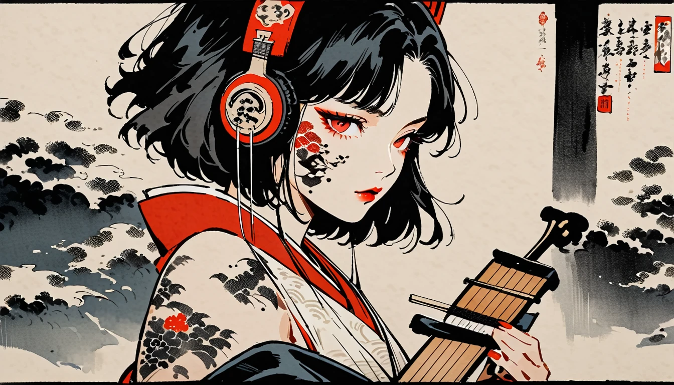 Ink Painting, (((1 person))), (((Tattoo on face))), (((Japanese String Instruments))), Japanese style headphones, Beautiful girl possessed by a demon, Black Hair, Red eyes, Delicate and precise, Modern ukiyo-e style