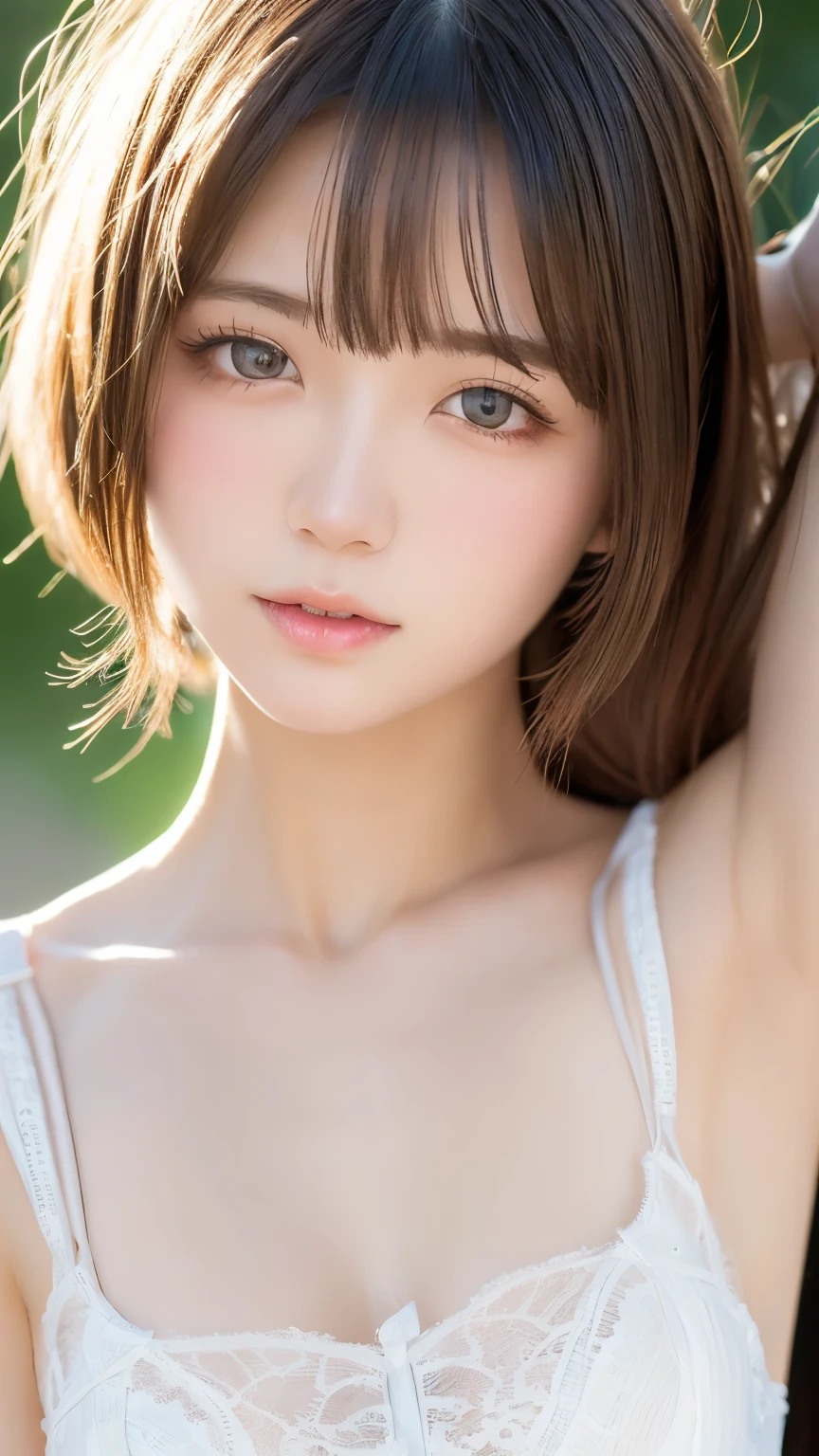 See through,Beautiful and fair、Glowing Skin, 3 Up, Nice, bright, Refreshing and gentle look, Perfect beautiful face、Beautiful shiny bangs, Very beautiful old girl, eyeliner, Very perfect eyes,Very small breasts,The original skin is visible through the grooves,Muscular body,white lace suspenders
