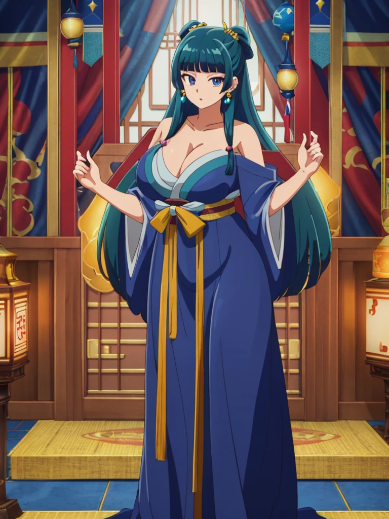 (((Highest quality、Ultra-high resolution、masterpiece: 1.2))), Highly detailed anime art style, Style, (Off the shoulder,Earrings, A luxurious interior of the Tang Dynasty harem), Detailed green hair, Detailed blue eyes, Complicated hairstyle, Long Hair,Sparkling eyes,like々Shii,hair accessory, チャイニーズEarrings, She has a hairpin on her head、Half Up, Slightly blunt bangs, Detailed lighting, Bright colors, Looking at the audience, 45 degree top down shot、Facing forward、Stand in the center of the image、Cowboy Shot,Maomao、Curvaceous、Big Breasts、Big Ass、High-quality traditional harem kimono、