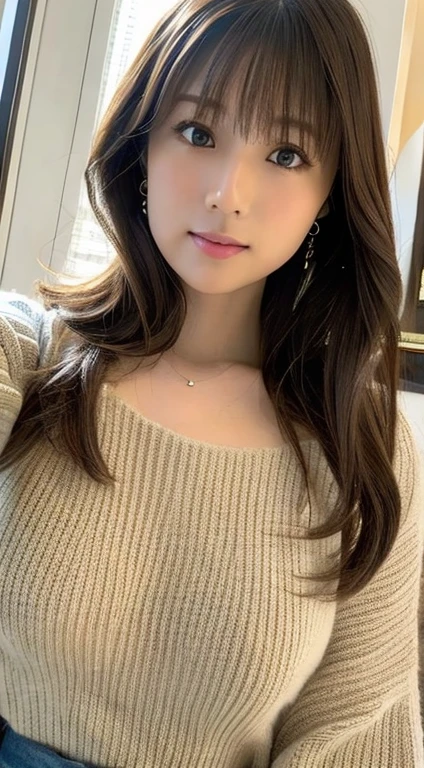 ((Selfie 1.6))、front、From the chest up、Straight hair、｟Looking into the camera｠、Brown Hair、With bangs、Highest quality, Masseter region, Ultra-High resolution, (Realistic:1.4), RAW Photos, High resolution, High resolution, masterpiece、30-year-old woman、In the apartment、Knitted sweater、Open-neck sweater