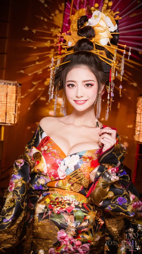 ((masterpiece(:1.4),Highest quality,Ultra-high resolution,Highest quality,8k,Very detailed,In detail))。night,Fireworks display,Japanese,Beautiful woman,Big Breasts,Flashy gal makeup,Oiran,Long-sleeved kimono,uchikake,Gold brocade,Sunny clothes,Tying up hair,hairpin,hair ornaments,can,Oiran道中,Gorgeous and luxurious,(Fireworks displayのnightに河川敷で花火を背景にしたスナップ写真),Accentuate your breasts,Pull the dress up to show your shoulders,