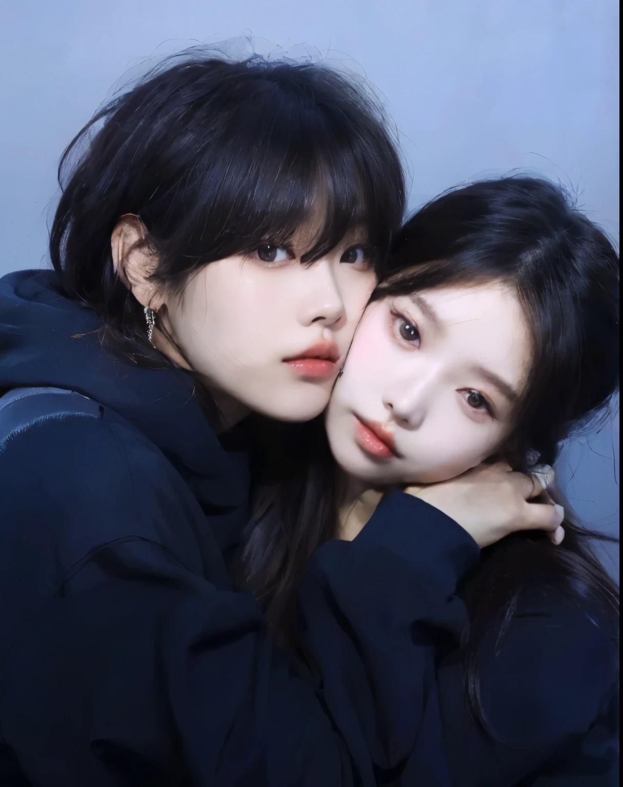 Two Asian women hugging each other on blue background, Best Face, jimin\full lips, Jenny Pink Black, couple pose, Josh de Blackpink, lovely couple, Nicks and Sakimichan, Profile picture, & Jihyung Lee & oh!, Written by Tadashi Nakayama, Jinyoung Shin, ruan Zia and brom, Zia