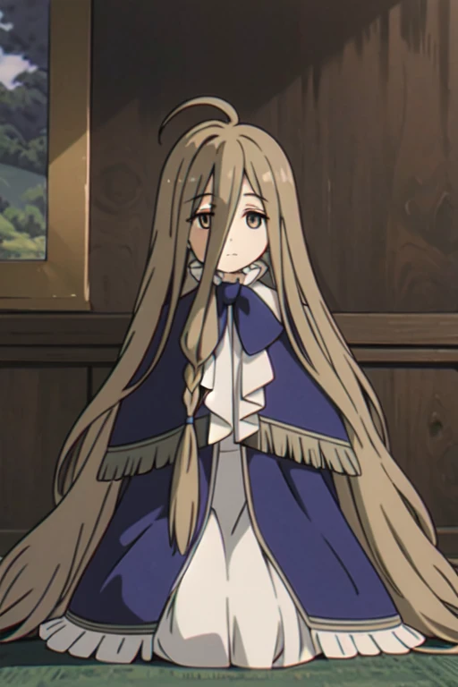 ((Bestquality))),((Ultra-detailed)),((illustration)),((Disheveledhair)),((frilld)),(1girl),(Solo),
1girl, absurdly long hair, bangs, book, bow, brown eyes, brown hair, capelet, closed mouth, dress, frills, hair between eyes, long hair, long sleeves, looking at viewer, sitting, solo, very long hair,