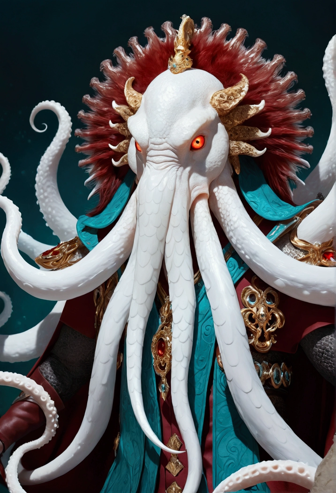 cephalopod, white feathered tentacles, brown and red fur, white mane, glowing teal eyes, king of demons and personification of the west wind, masterpiece, Best Quality