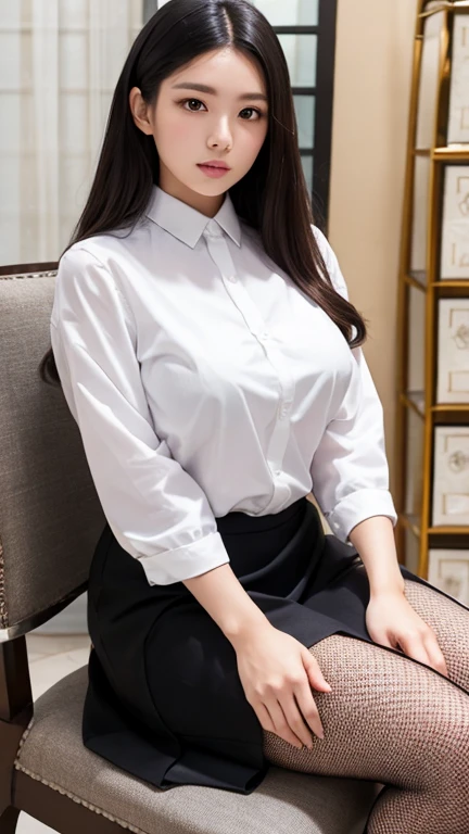 Sitting on a chair wearing a black dress, Korean fashion model, Transparent grey skirt, mesh shirt, chrome clothes, shiny silver, luckily i look, Large Breasts, best quality, masterpiece, Ultra-high resolution, actual,
