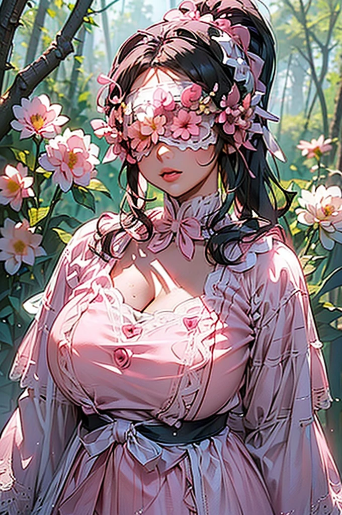 (((beautiful))), (((Flower blindfold, Eyes covered with flowers, Cute white and pink outfit))), ((Black Hair, ponytail, Chubby)), One Woman, Huge Saggy Tits, Cleavage, Glowing Skin, (((Intricate details))), High resolution, ((Intricate details, Ultra-detailed)), whole body, Are standing, (looking at viewer, look at viewer), Red cheeks, Mouth open, in the forest