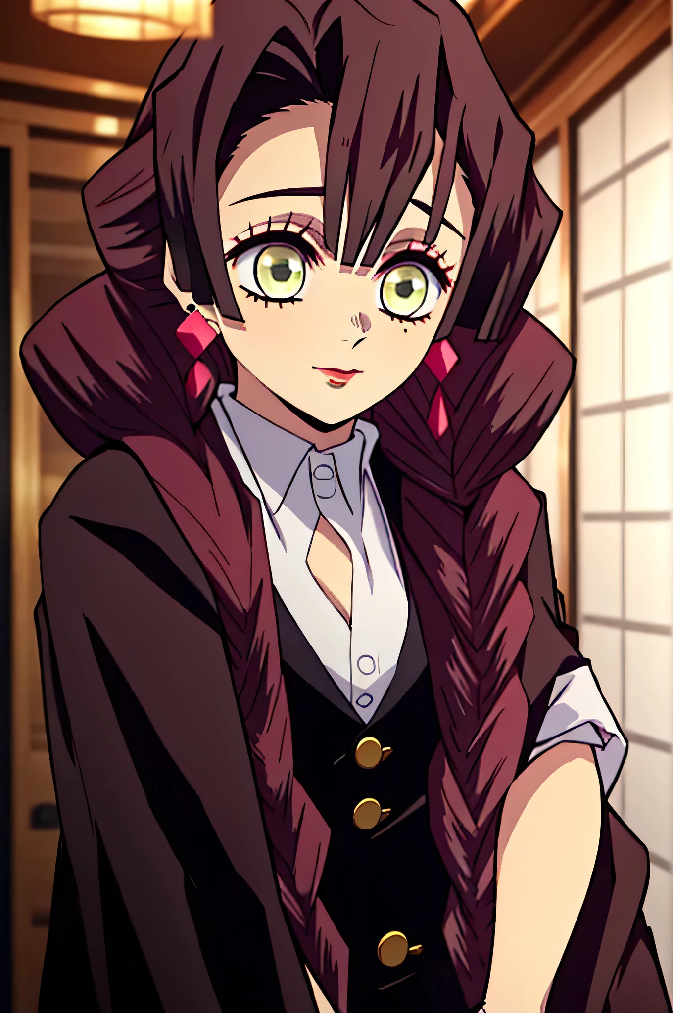 Mitsuri dressed in a black suit, earrings in her ears, red lipstick, seductive look, background of a luxury restaurant