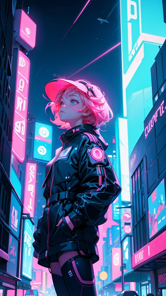 Detailed digital art of a futuristic city street scene at night, with a huge neon sign saying "Coming Soon Big News" in the center. The background features tall skyscrapers with glowing windows and neon signs in various shapes, a UFO shooting a bright beam in the sky, and smaller floating robotic objects.
In the foreground, replace the crowd of cartoon alien characters with a single beautiful, cute anime girl standing and looking up in awe at the spectacle, rendered in a style that matches the overall futuristic cartoon aesthetic of the scene. The girl should have an excited, wondrous expression.
Use a vibrant color scheme with bright neon greens, pinks and blues contrasting against the darker night sky and buildings. Incorporate intricate details throughout the cityscape and maintain the dynamic, energetic composition of the original.