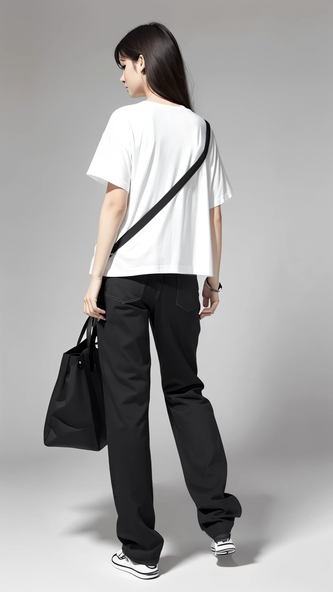 "A simple line art illustration of a person balancing while walking, seen from the back. The person is wearing casual clothes, including a t-shirt and pants, and has a shoulder bag slung across their body. The style should be minimalistic with clean, smooth lines and a plain white background."