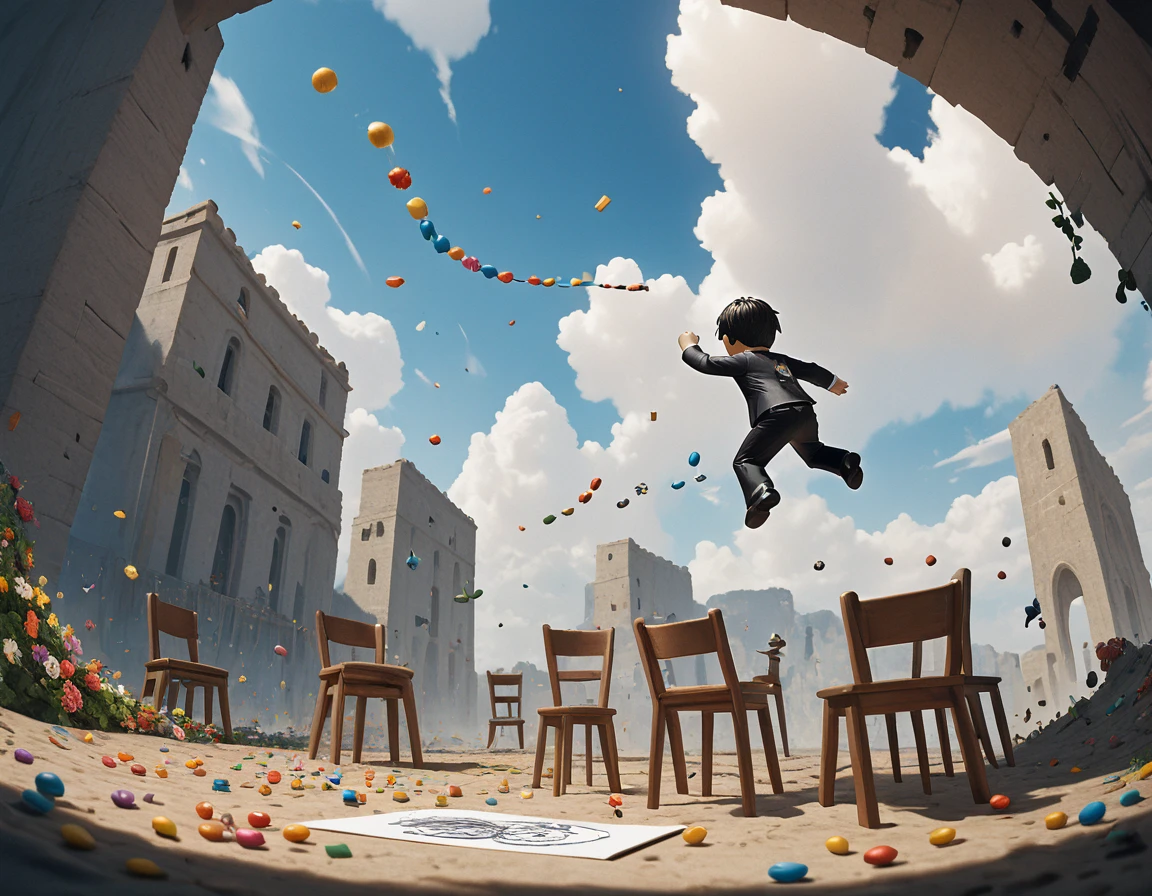 ((masterpiece, highest quality, Highest image quality, High resolution, 8K, drawing, pencil drawing)) Roblox character jumping from an obstacle to another, scene happens in the sky, clouds around, multiple random obstacles around the character, obstacles consist of random items such as candies, chair, light bulbs, flowers, etc, items and obstacles are flying around, items and obstacles are not attached to the ground, character is going up, jumping motion