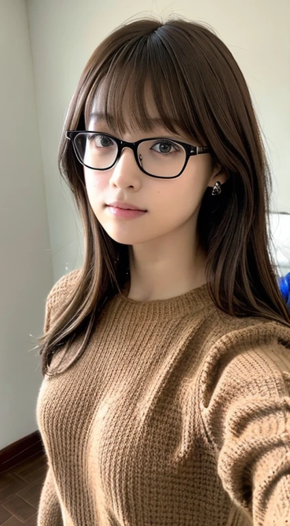 ((Selfie 1.6))、front、From the chest up、Straight hair、⦅Looking into the camera⦆、Brown Hair、With bangs、Highest quality, Masseter region, Ultra-High resolution, (Realistic:1.4), RAW Photos, High resolution, High resolution, masterpiece、30-year-old woman、In the apartment、Knitted sweater、Glasses