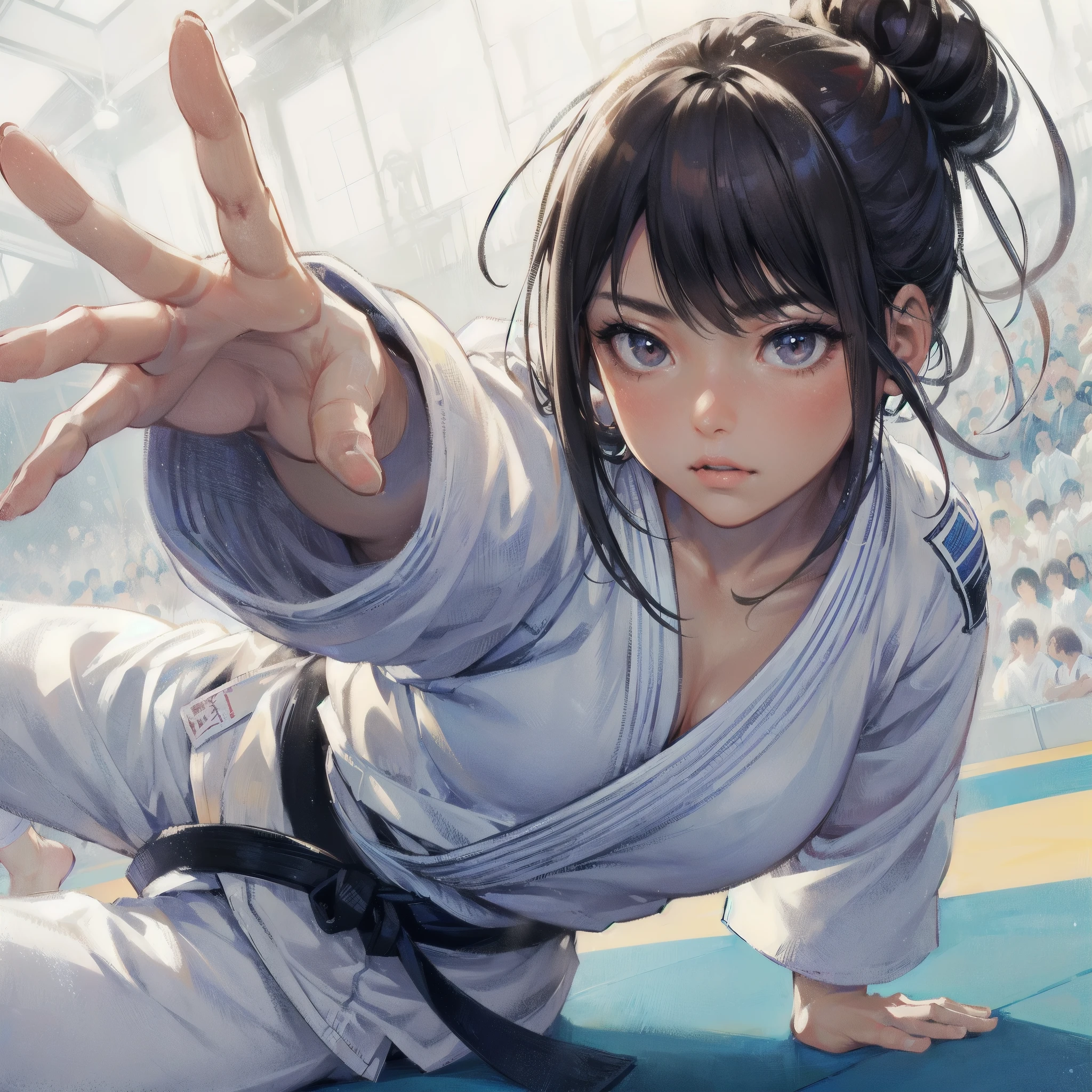 masterpiece, (textured skin), best quality, gorgeous beautiful girl, (a female judo athlete), detailed clothes,large breasts,narrow waist,, (beautiful face), cinematic lighting, (at judo venue ),