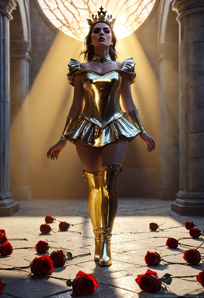 The English crown, Sick Obsession, Victory Over the Fallen Foe And the Earth Under Her Feet, Horror Art, Golden Roses, Fantasy Art, Scary Art, Glittering Sun, Epic Art, Fantasy Art, Trendy, Octane Render, Cinematic, 4K, unreal Engine render --aspect 3:4