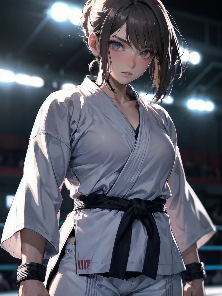  masterpiece, (textured skin), best quality, gorgeous beautiful girl, (a female judo athlete), detailed clothes,large breasts,narrow waist,, (beautiful face), cinematic lighting, (at judo venue ),