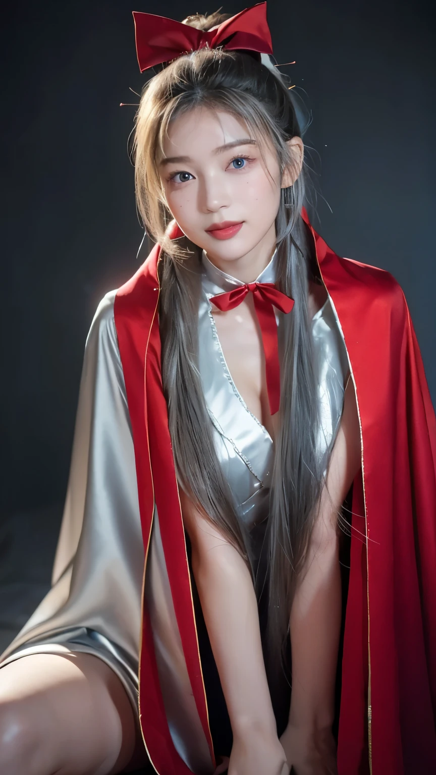 (RAW photos) , Detailed features , perfect face , perfect eyes , detailed eyes , (beautiful:1.50) , beautiful chinese girl in her 20s with long hair in a ponytail , smiling , (((Long, voluminous, high-collared silver satin cape with red lining., Tied with a ribbon around the neck:1.10))) , Minidress , whole body, slight skin blemishes, A cunning smile, High quality surreal style, warm tone, soft lighting, detailed eyes, Subtle freckles, professional, representative , 8k , very detailed
