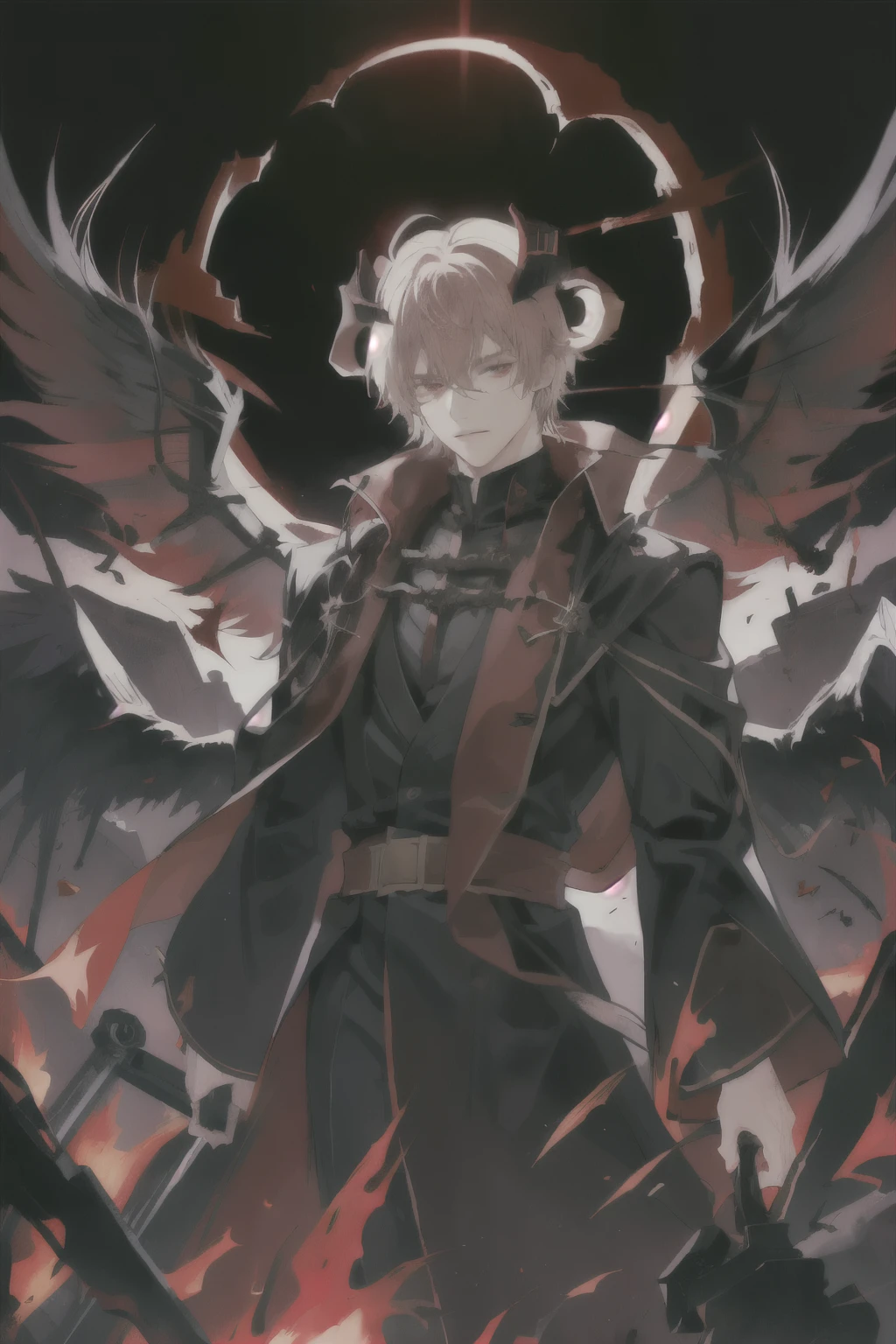 Anime characters in a dark room full of rubble, Light hair，Large spiral horns，Dark red and black robe，blackpupil，Sense of atmosphere，Suits，male，Black Wings