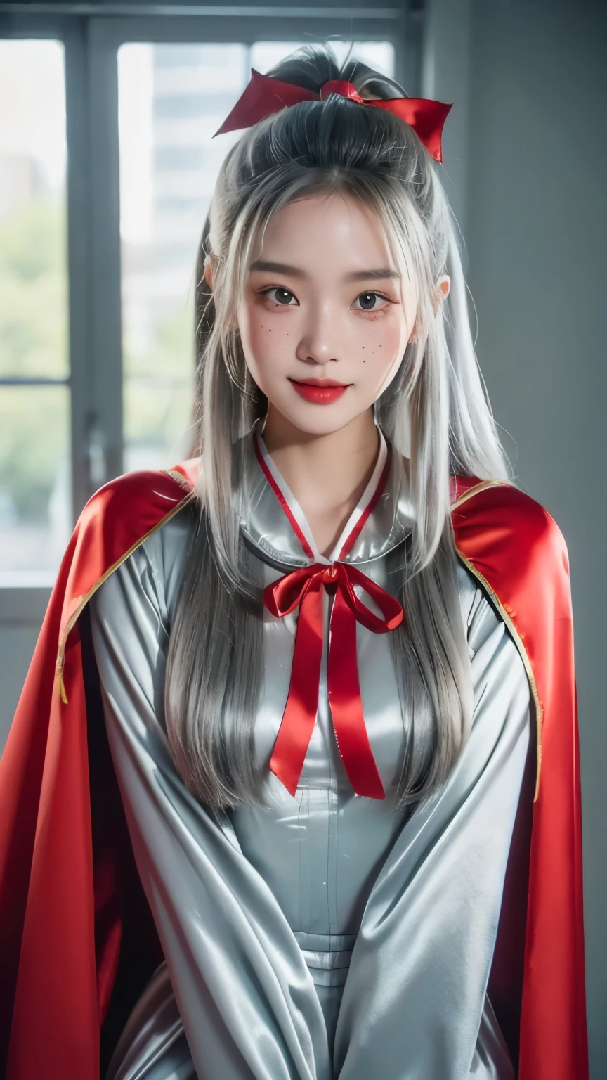 (RAW photos) , Detailed features , perfect face , perfect eyes , detailed eyes , (beautiful:1.50) , beautiful chinese girl in her 20s with long hair in a ponytail , smiling , (((Long, voluminous, high-collared silver satin cape with red lining., Tied with a ribbon around the neck:1.10))) , Minidress , whole body, slight skin blemishes, A cunning smile, High quality surreal style, warm tone, soft lighting, detailed eyes, Subtle freckles, professional, representative , 8k , very detailed