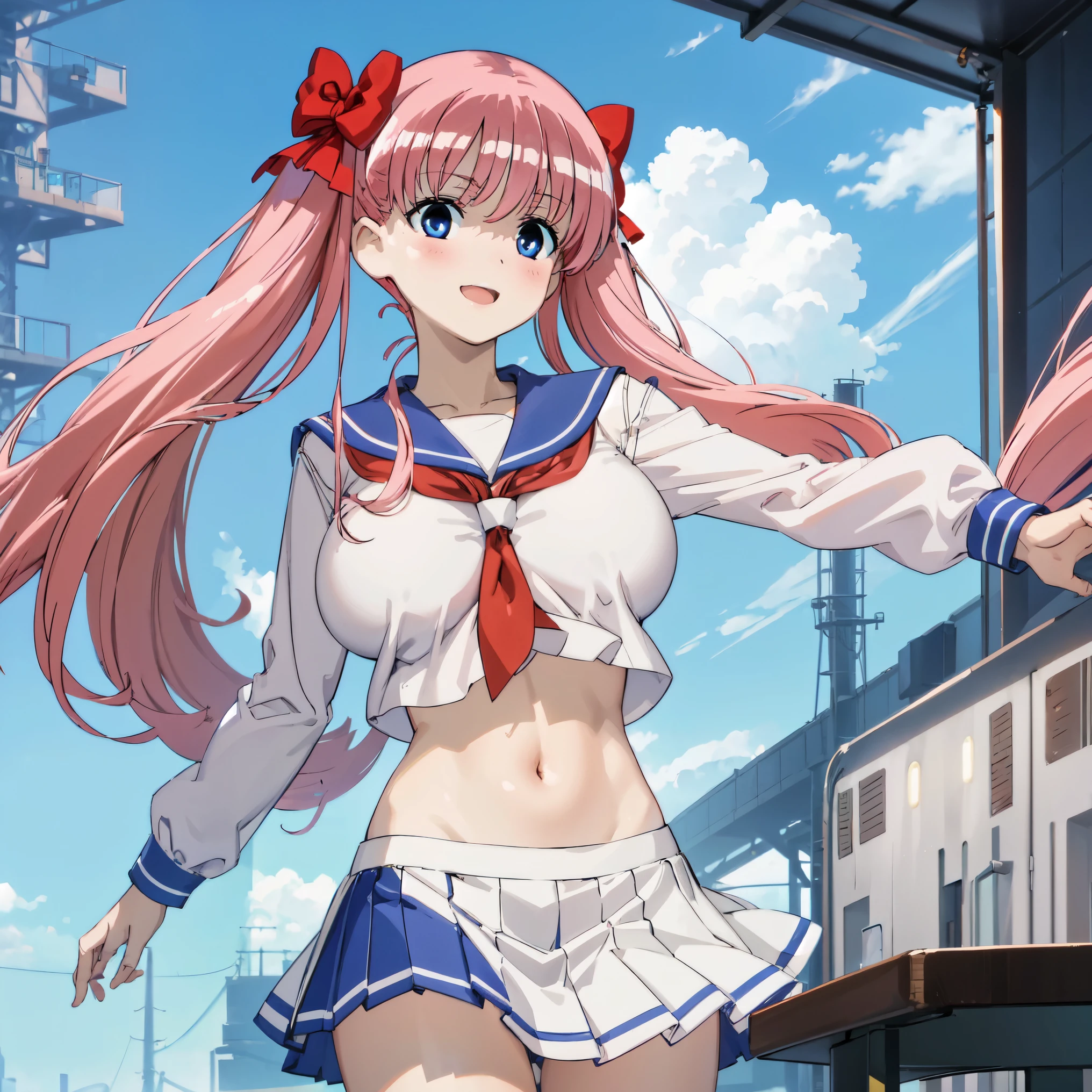 sailor uniform, pink hair, blue eyes, huge tits, twintail hair, blue short skirt, blue eyes, upperbody, white background, smile