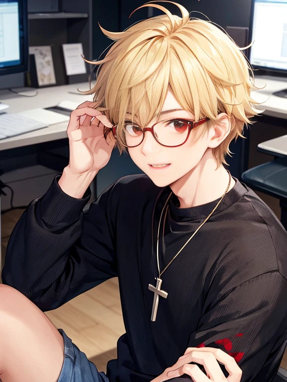 maleの子1人,alone,20-year-old,male,Sit in a private broadcasting room,A happy look,Glasses，Close-up photo,Cross Necklace,good looking,Messy Hair,Perfect Face, short hair, Blonde,Bright, cyber-inspired clothing(model), muscle, Black trousers,Red eyes,bright Red eyes, Distributor