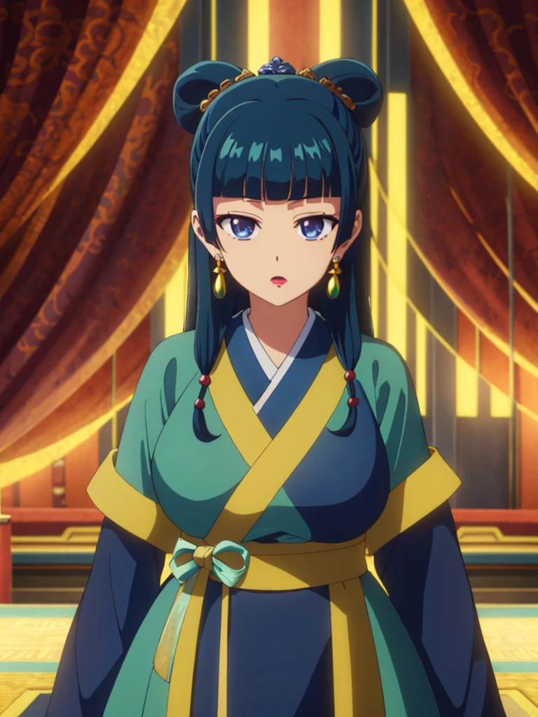 (((Highest quality､Ultra-high resolution､masterpiece: 1.2))), Highly detailed anime art style,Teen Style, (Off the shoulder,Earrings, A luxurious interior of the Tang Dynasty harem), Detailed green hair, Detailed blue eyes, Complicated hairstyle, Long Hair,Sparkling eyes,like々Shii,hair accessory, チャイニーズEarrings着用, She has a hairpin on her head、Half Up, Slightly blunt bangs, Detailed lighting, Bright colors, Looking at the audience, 45 degree top down shot､Facing forward､Stand in the center of the image､Cowboy Shot,Cat､Curvaceous､Big Breasts､Big Ass､High-end kimono､Traditional Tang Dynasty Kimono、Crimson lipstick､