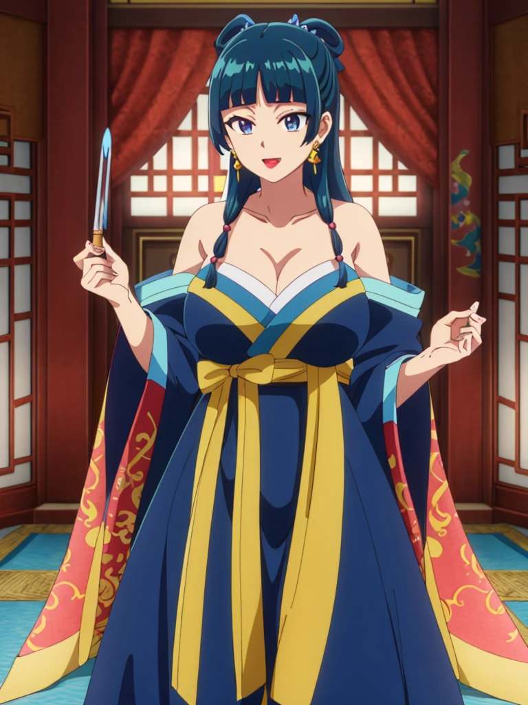 (((Highest quality､Ultra-high resolution､masterpiece: 1.2))), Highly detailed anime art style,Teen Style, (Off the shoulder,Earrings, A luxurious interior of the Tang Dynasty harem), Detailed green hair, Detailed blue eyes, Complicated hairstyle, Long Hair,Sparkling eyes,like々Shii,hair accessory, チャイニーズEarrings着用, She has a hairpin on her head、Half Up, Slightly blunt bangs, Detailed lighting, Bright colors, Looking at the audience, 45 degree top down shot､Facing forward､Stand in the center of the image､Cowboy Shot,Cat､Curvaceous､Big Breasts､Big Ass､High-end kimono､Traditional Tang Dynasty Kimono、Crimson lipstick､