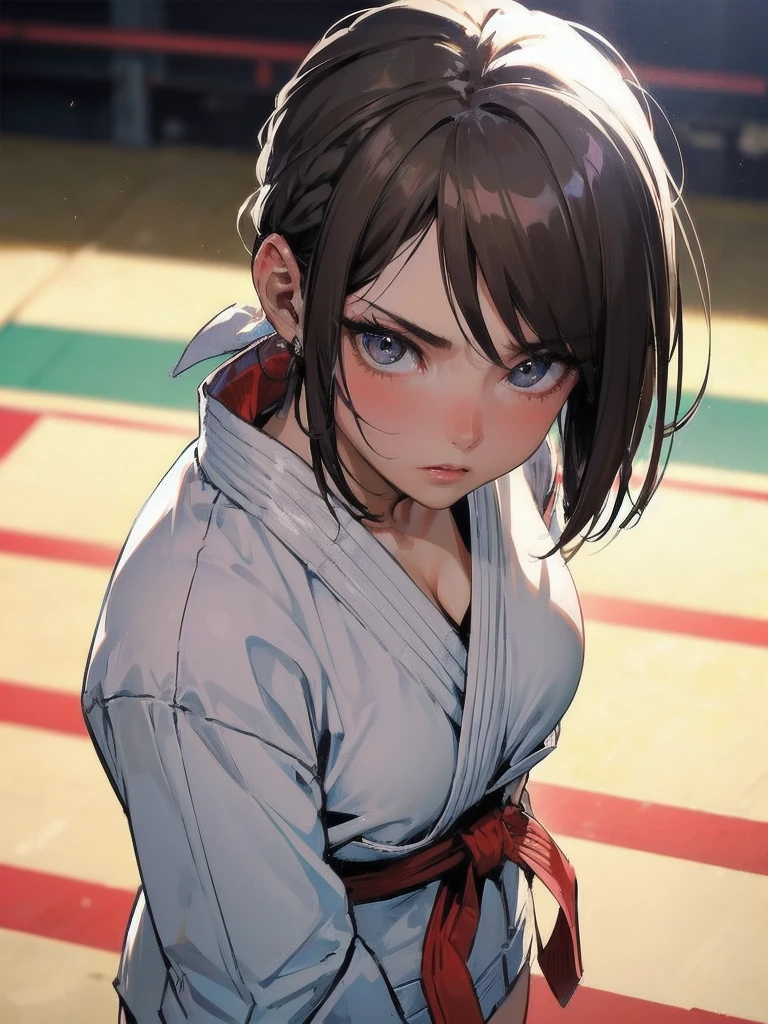 masterpiece, (textured skin), best quality, gorgeous beautiful girl, (a female judo athlete), detailed clothes,large breasts,narrow waist,, (beautiful face), cinematic lighting, (at judo venue ),