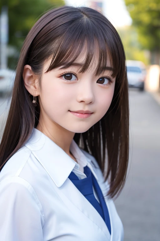 ((Cute 15 year old Japanese))、on the road、Highly detailed face、Pay attention to the details、double eyelid、Beautiful thin nose、Sharp focus:1.2、Beautiful woman:1.4、Cute Hairstyles、Pure white skin、Highest quality、masterpiece、Ultra-high resolution、(Realistic:1.4)、Highly detailed and professional lighting、nice smile、Japanese school girl uniform
