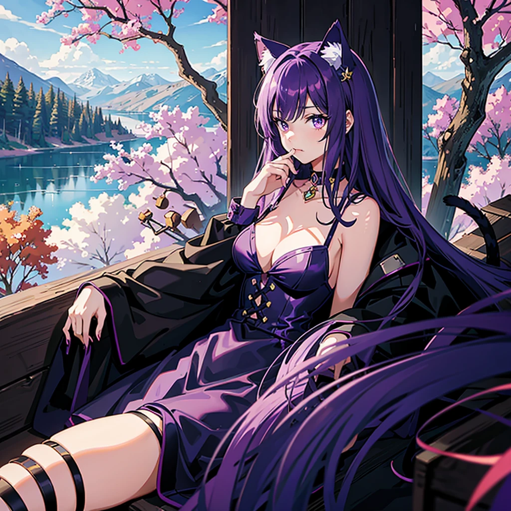 Cheshire Cat, metallic chocker, long hair, medium hair, purple hair, animal ears, cat ears original, 1girl, (solo), scenery, scene, red trees, forest, lake, autumn,