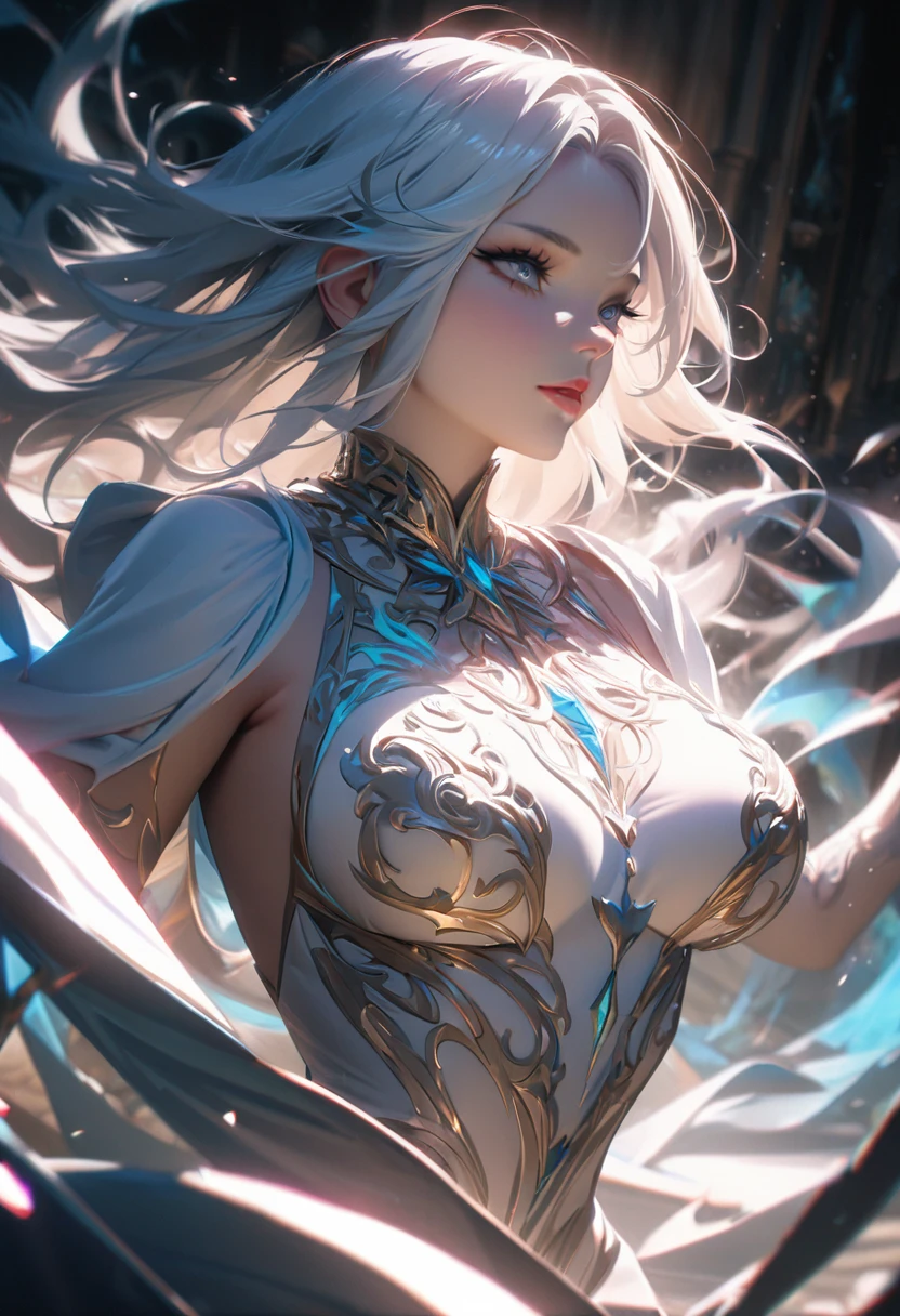 a beautiful goddess with long white hair, divine aura, large bust, light clothing, bright white eyes, luscious lips, (best quality,4k,8k,highres,masterpiece:1.2),ultra-detailed, intricate details, glowing skin, dramatic lighting, ethereal, fantasy, cinematic composition, volumetric lighting, chiaroscuro, vibrant colors, dramatic shadows, full body