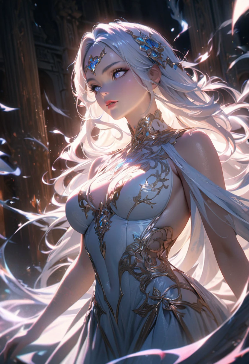 a beautiful goddess with long white hair, divine aura, large bust, light clothing, bright white eyes, luscious lips, (best quality,4k,8k,highres,masterpiece:1.2),ultra-detailed, intricate details, glowing skin, dramatic lighting, ethereal, fantasy, cinematic composition, volumetric lighting, chiaroscuro, vibrant colors, dramatic shadows, full body