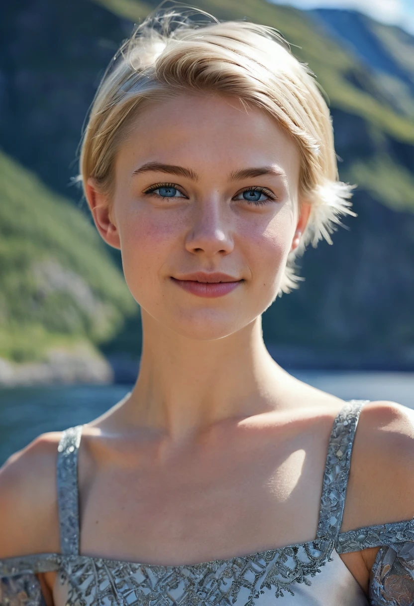 Half body shot of a beautiful Norwegian teenager, small breasts, runners slim body, thin face, intricate dress, smirking, natural lips, short blonde hair with side cut, blue-grey eyes, realism, digital painting, concept art, smooth, sharp focus, rule of thirds, Style-Psycho, Norwegian fjord in the background, natural light