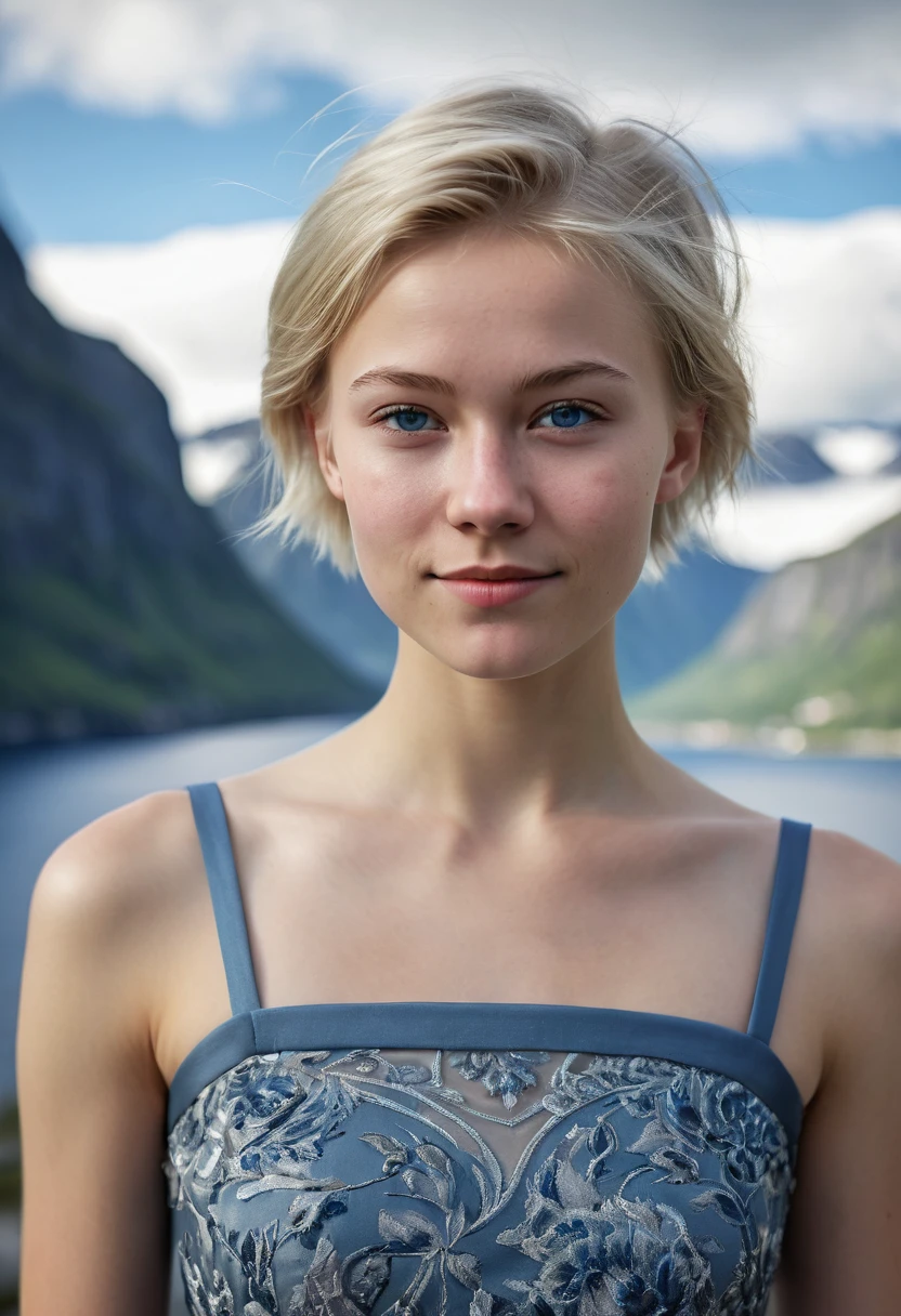 Half body shot of a beautiful Norwegian ager, small breasts, runners slim body, thin face, intricate dress, smirking, natural lips, short blonde hair with side cut, blue-grey eyes, realism, digital painting, concept art, smooth, sharp focus, rule of thirds, Style-Psycho, Norwegian fjord in the background, natural light