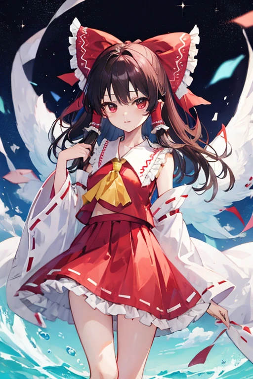 Reimu Hakurei、Miko costume、Small child、Brown long hair、Angel、devil、""Fallen into Darkness""、Angelの輪、Black wings、Deep Darkness