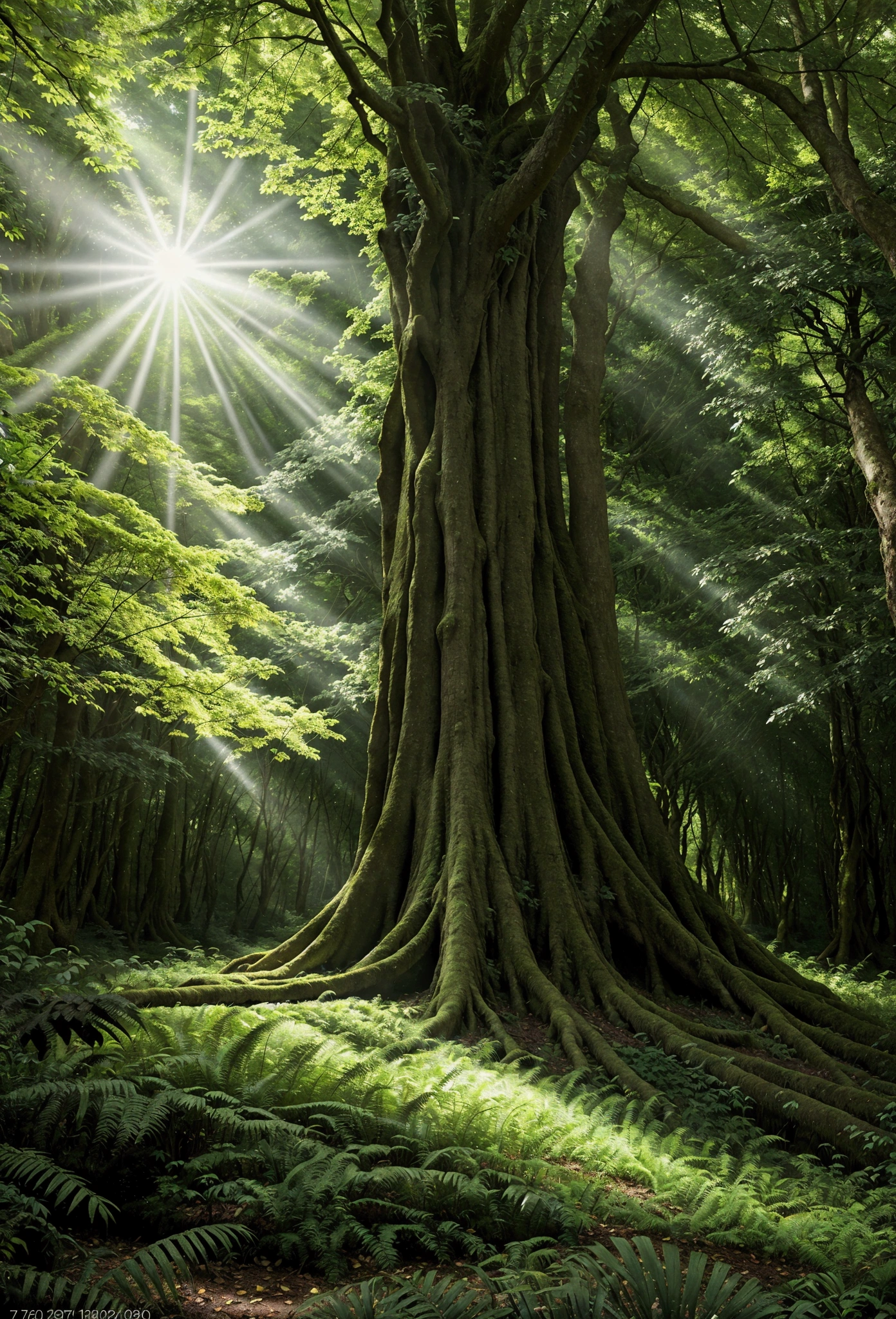 A lush green forest with towering ancient trees, sunlight streaming through the dense canopy, low-angle view from the forest floor, stunning natural lighting, detailed landscape, photorealistic, 8k, cinematic composition, dramatic lighting, vibrant colors, serene atmosphere background vision