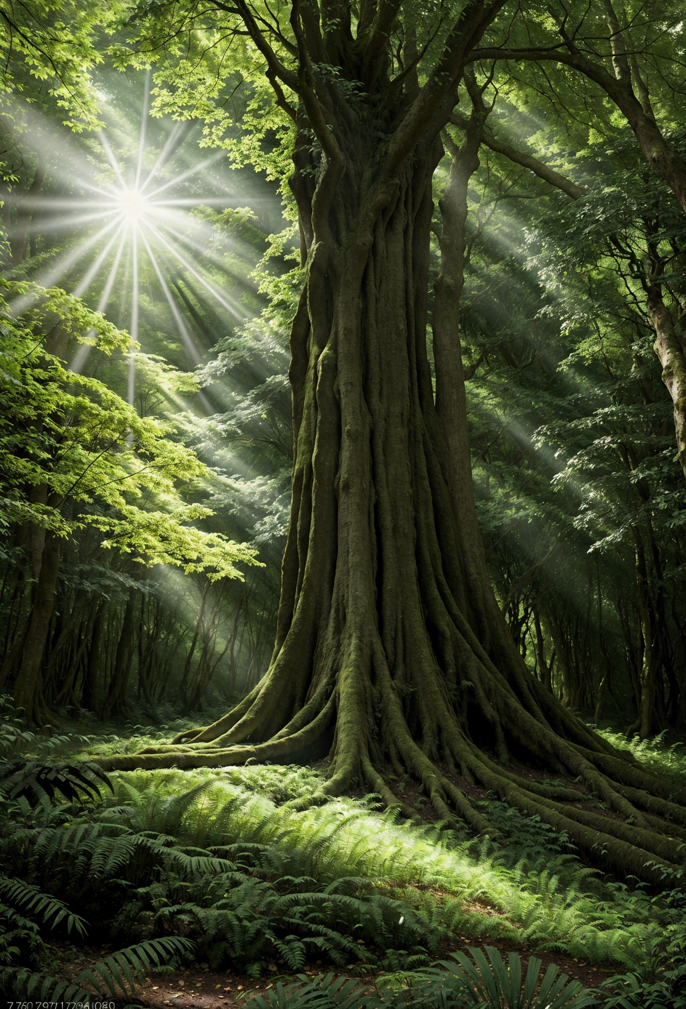 A lush green forest with towering ancient trees, sunlight streaming through the dense canopy, low-angle view from the forest floor, stunning natural lighting, detailed landscape, photorealistic, 8k, cinematic composition, dramatic lighting, vibrant colors, serene atmosphere background vision