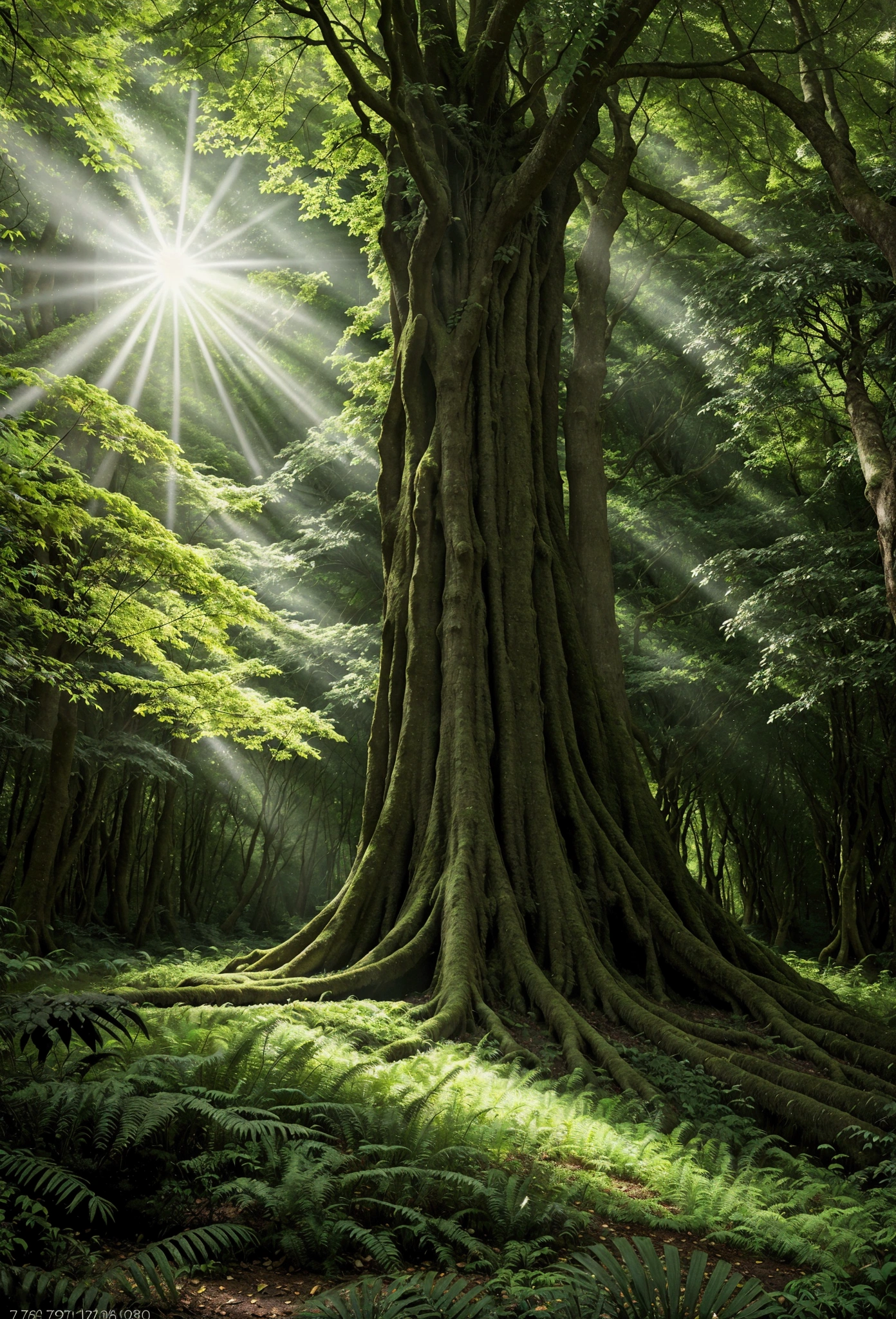 A lush green forest with towering ancient trees, sunlight streaming through the dense canopy, low-angle view from the forest floor, stunning natural lighting, detailed landscape, photorealistic, 8k, cinematic composition, dramatic lighting, vibrant colors, serene atmosphere background vision