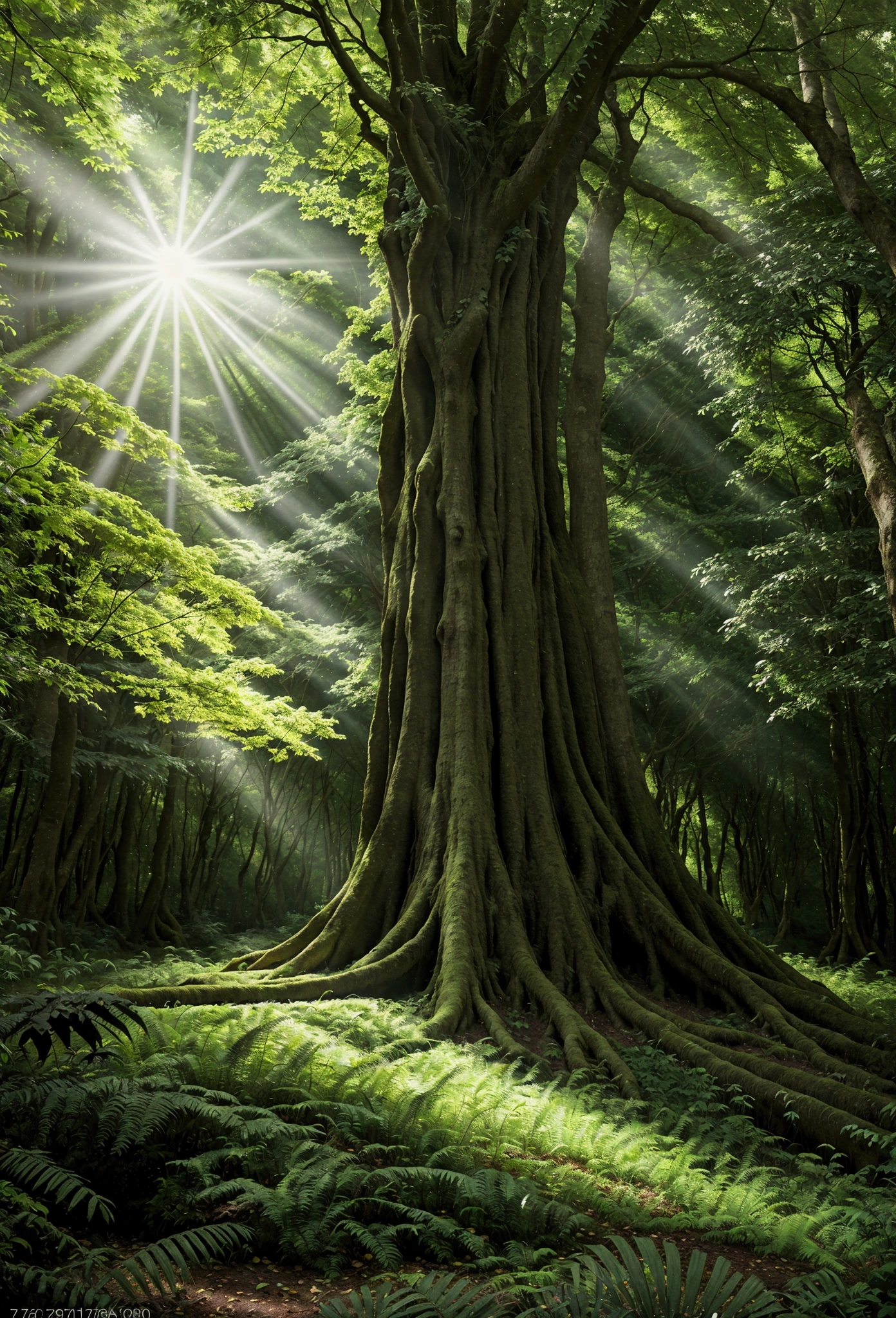 A lush green forest with towering ancient trees, sunlight streaming through the dense canopy, low-angle view from the forest floor, stunning natural lighting, detailed landscape, photorealistic, 8k, cinematic composition, dramatic lighting, vibrant colors, serene atmosphere background vision