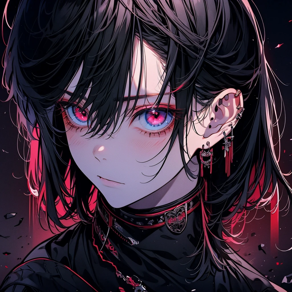 black hair, hair slicked back, eyeball, red eyes, longeyelashes, thinking, Surrealism, conceptual art, アニメ, アニメ style, glowing light, projected inset, cowboy shot, from side, lens flare, bokeh, 8k, super detail, uhd, masterpiece, accurate, anatomically correct, textured skin, super detail, high details, high quality, award winning, best quality, highres、The two-block side part is visible.、Turning to the right, with left hand on chin
