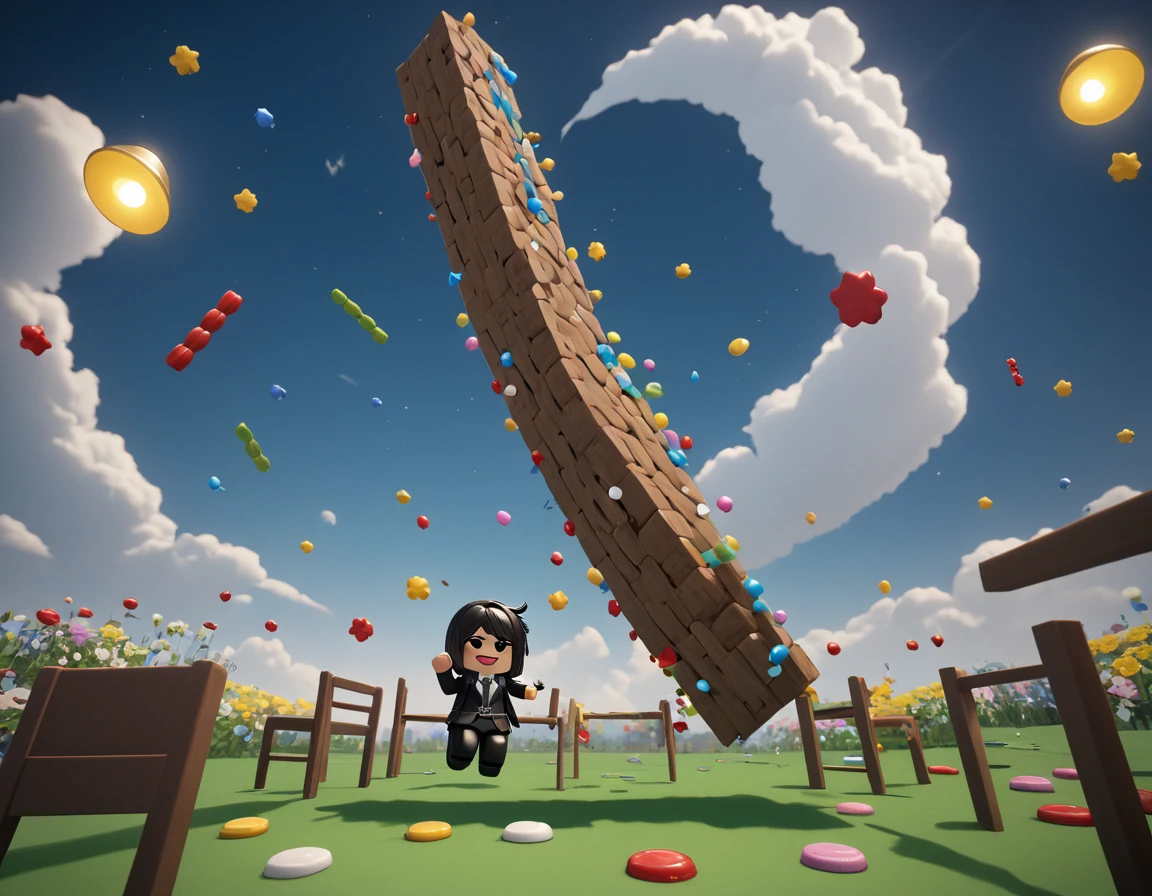 ((masterpiece, highest quality, Highest image quality, High resolution, 8K)) Roblox character jumping from an obstacle to another, scene happens in the sky, clouds around, multiple random obstacles around the character, obstacles consist of random items such as candies, chair, light bulbs, flowers, etc, items and obstacles are flying around, items and obstacles are not attached to the ground, character is going up, jumping motion, character hanging from an obstacle