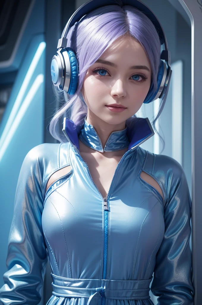 A woman with hair in shades of sky blue and lilac, dresses a short blue jumpsuit with metallic details, translucent blue headphones, in a completely blue setting with futuristic lights and elements, ethereal and charming style, 8k. She is looking directly at the camera with a slight smile.