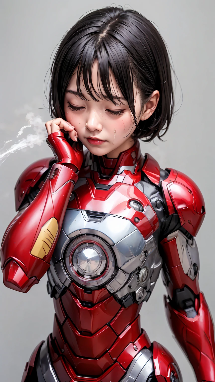 Highest quality　8k Iron Man Suit Girl　ergartl　Sweaty face　cute　short hair　boyish　Steam coming from the head　My hair is wet with sweat　Black hair feel　Full body portrait　My upper body is soaked　close your eyes　Nothing except the face is exposed　