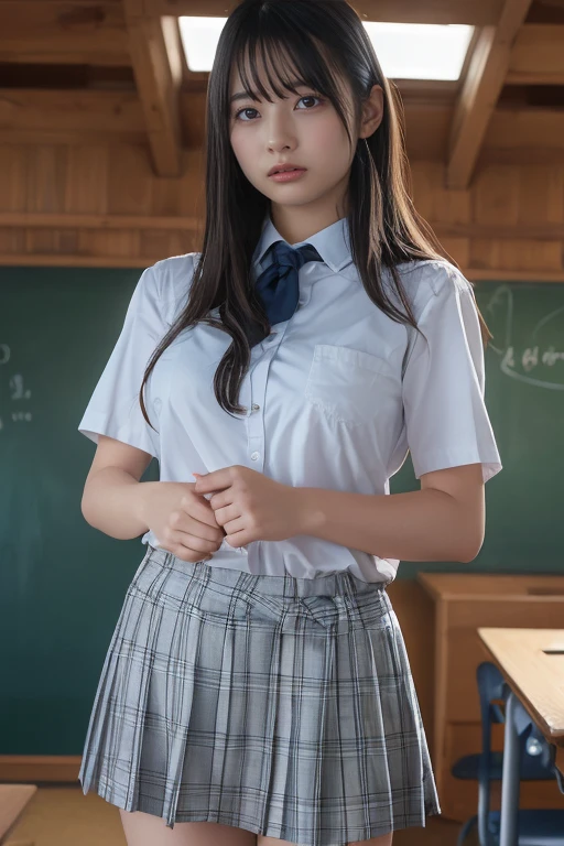 (8k, RAW Photos,Highest quality, High resolution:1.1), (Ultra-realistic:1.4),(Realistic, Realistic:1.3),The Beauty of Japan、big breast, thin weast, thin legs, school uniform, short sleeve shirt, white Hisocks, brown loafers, classroom, ((cowboy shot)), from side