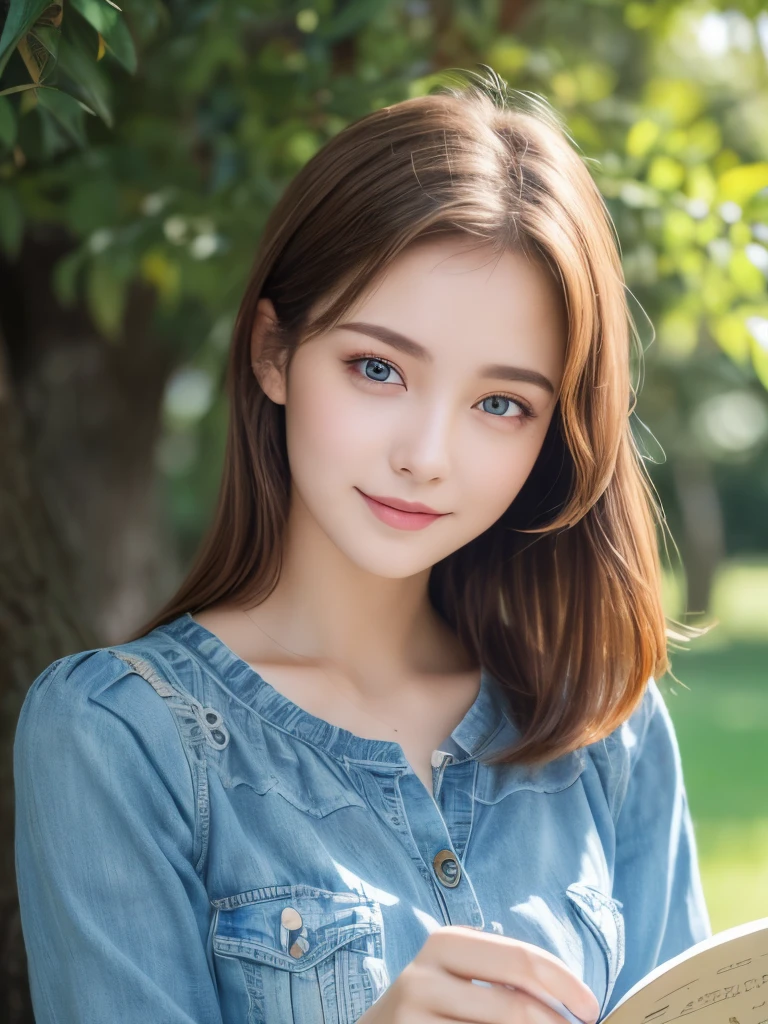 (masterpiece, Highest quality, Ultra high definition, Very detailed), Portrait of an 18 year old woman with light brown hair, Green round eyes, Blouse and blue jeans、smile, Blue shorts、Singing from under the tree (Leaning against a tree) And read the brown book - Auto Ultra Realistic - 8K Raw Photo:1.5,