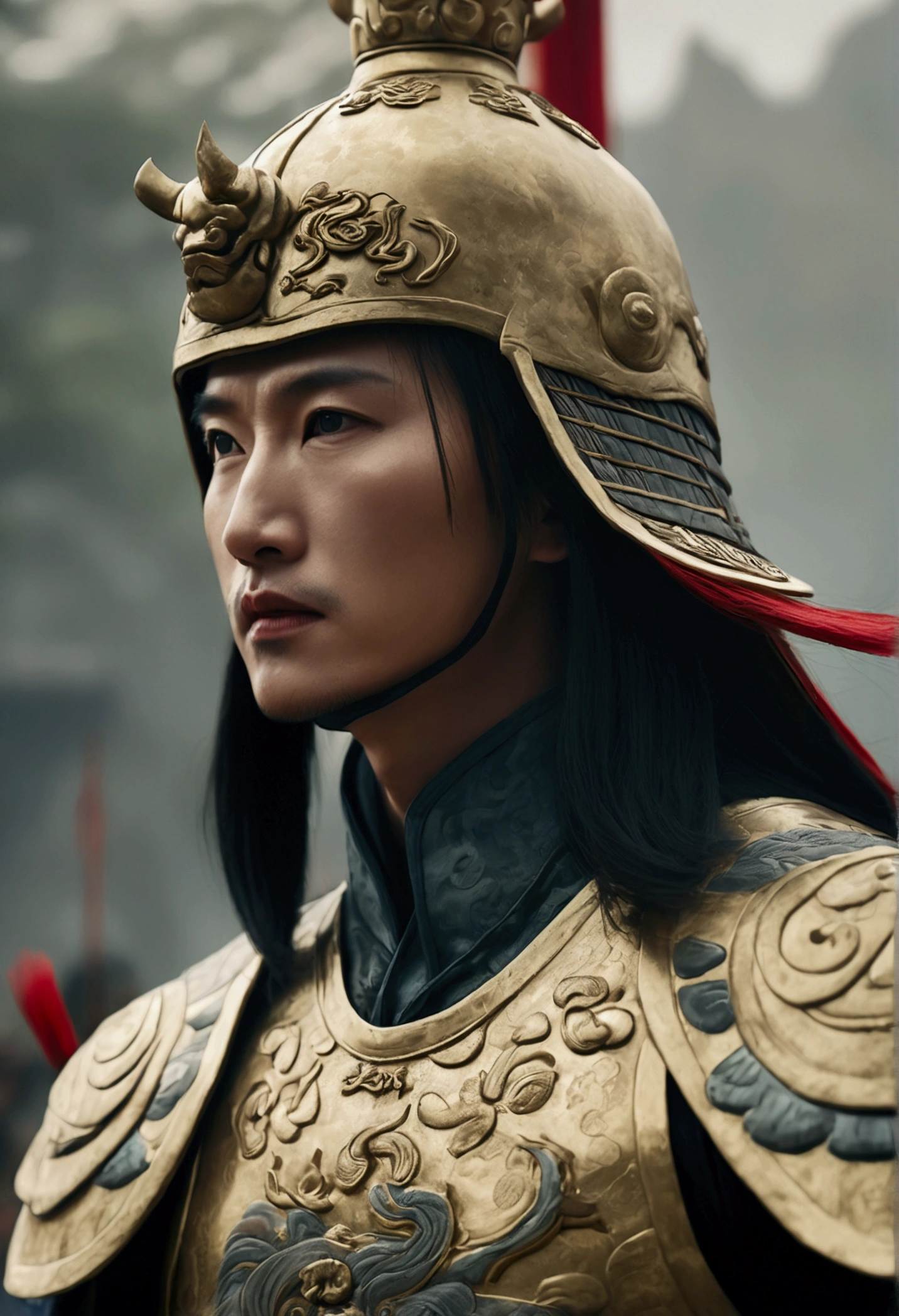 Bust of an ancient Chinese general on the battlefield,The armor is broken, Starry sky and fog cover the landscape.Rich historical background. (Highest quality,4K,8k,High resolution,masterpiece:1.2), Very detailed, (Realistic,Realistic,Photorealistic:1.37), High resolution, Hyper HD, Studio Lighting, Ultra-fine painting, Sharp focus, Physically Based Rendering, Very detailed説明, Professional, Vibrant colors, Bokeh, Sports Late, Ancient War Landscapes, Traditional Chinese Painting Techniques, Atmospheric lighting, Dynamic Pose, Complex combat scenarios, Vivid color contrast, Visually stunning composition, Ethereal atmosphere, heroism. Black and White