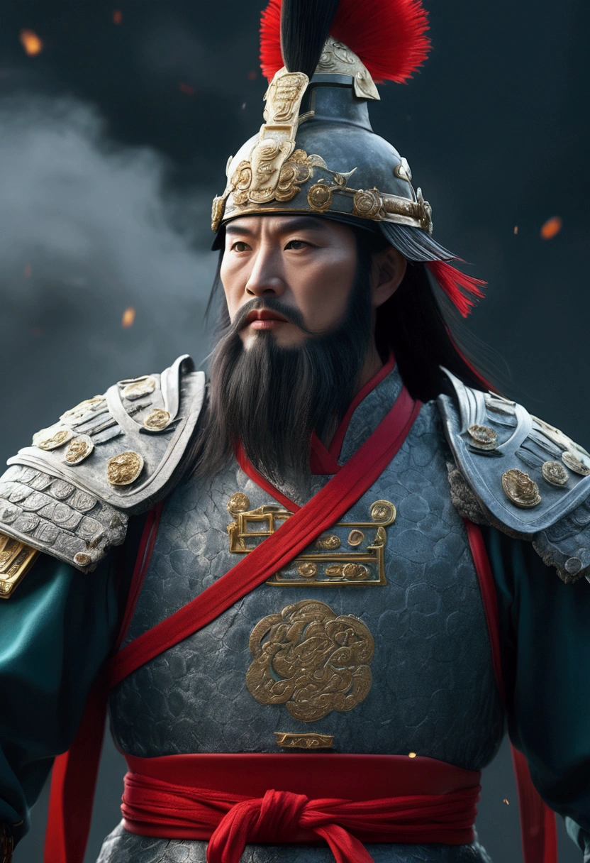 Bust of an ancient Chinese general on the battlefield,The armor is broken, Starry sky and fog cover the landscape.Rich historical background. (Highest quality,4K,8k,High resolution,masterpiece:1.2), Very detailed, (Realistic,Realistic,Photorealistic:1.37), High resolution, Hyper HD, Studio Lighting, Ultra-fine painting, Sharp focus, Physically Based Rendering, Very detailed説明, Professional, Vibrant colors, Bokeh, Sports Late, Ancient War Landscapes, Traditional Chinese Painting Techniques, Atmospheric lighting, Dynamic Pose, Complex combat scenarios, Vivid color contrast, Visually stunning composition, Ethereal atmosphere, heroism. Black and White