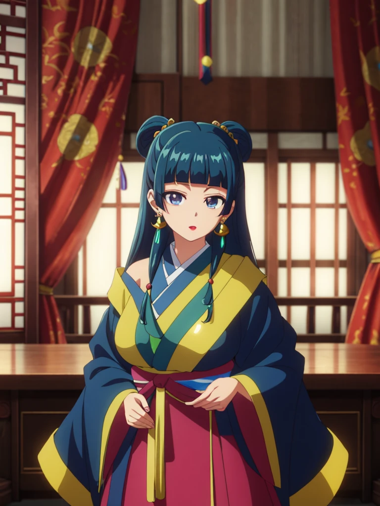 (((Highest quality､Ultra-high resolution､masterpiece: 1.2))), Highly detailed anime art style,Teen Style, (Off the shoulder,Earrings, A luxurious interior of the Tang Dynasty harem), Detailed green hair, Detailed blue eyes, Complicated hairstyle, Long Hair,Sparkling eyes,like々Shii,hair accessory, チャイニーズEarrings着用, She has a hairpin on her head、Half Up, Slightly blunt bangs, Detailed lighting, Bright colors, Looking at the audience, 45 degree top down shot､Facing forward､Stand in the center of the image､Cowboy Shot,Cat､Curvaceous､Big Breasts､Big Ass､High-end kimono､Traditional Tang Dynasty Kimono、Crimson lipstick､Courtesan-style costume、