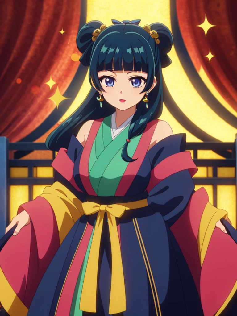 (((Highest quality､Ultra-high resolution､masterpiece: 1.2))), Highly detailed anime art style,Teen Style, (Off the shoulder,Earrings, A luxurious interior of the Tang Dynasty harem), Detailed green hair, Detailed blue eyes, Complicated hairstyle, Long Hair,Sparkling eyes,like々Shii,hair accessory, チャイニーズEarrings着用, She has a hairpin on her head、Half Up, Slightly blunt bangs, Detailed lighting, Bright colors, Looking at the audience, 45 degree top down shot､Facing forward､Stand in the center of the image､Cowboy Shot,Cat､Curvaceous､Big Breasts､Big Ass､High-end kimono､Traditional Tang Dynasty Kimono、Crimson lipstick､Courtesan-style costume、