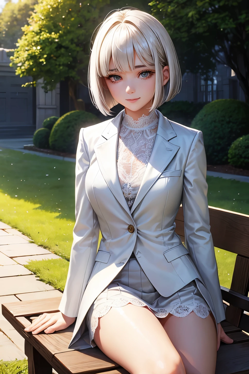 sunny, Elegant photo of a girl wearing a suit jacket, (puffy eyes:1.05), (White lace shirt), platinum brown hair, (angled bob:1.4), Flat bangs, (flowing hair), Smile, happy, happiness, Highly detailed skin, skin pores, Stunningly innocent symmetrical face, Long eyelashes, black eyeliner, light gold eyeshadow,(Sit on a bench), Cross_leg, emotional, Wind, garden, tree, Grass, masterpiece, best quality, Realistic,