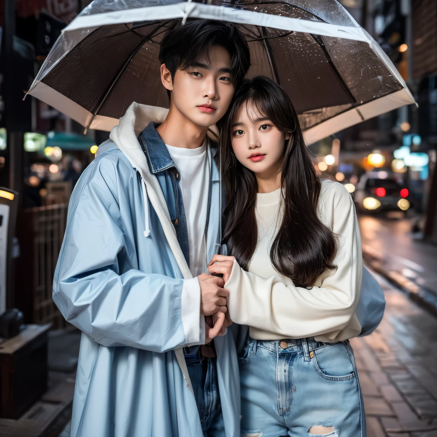 Romantic couple, a young korean man wearing raincoat. with an indonesian woman, slightly chubby, long hairstyle, wearing whie tsirt, short denim pants, stand together, umbrella covering their heads, in front of them there was a street highway, beside them there was a cafe. in the dark city.